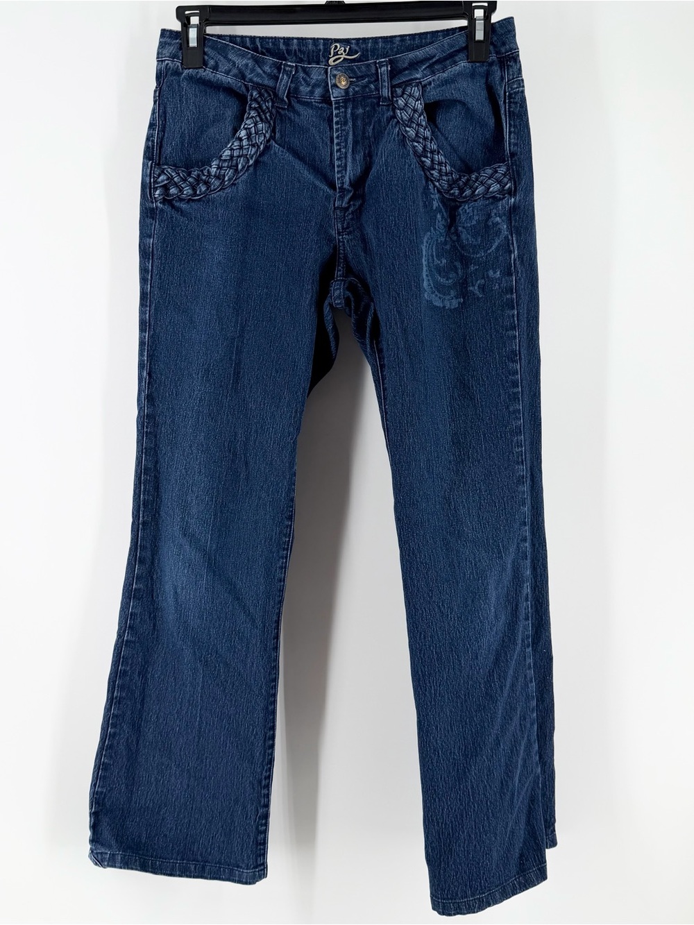 PZI Size 14 Braided Pocket Paisley Graphic Curvy Mid Rise Blue Denim Jeans Y2K